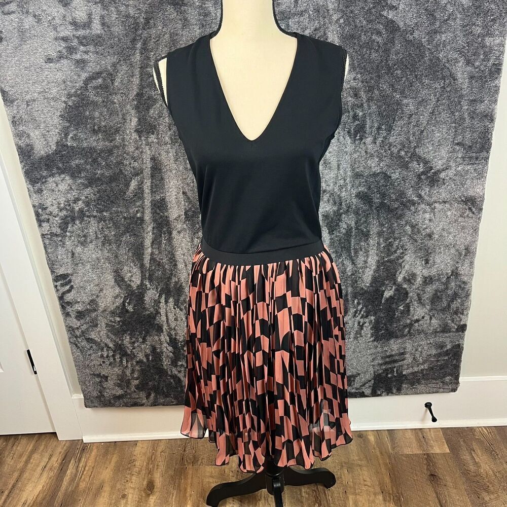 'S Max Mara Checkered Chiffon Sleeveless V-Neck Midi Dress Black Lined Sz S